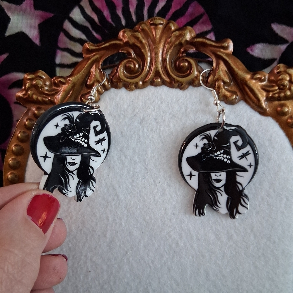 Witchy Woman Earrings Witch Hat Black & White French Hooks - Picture 6 of 11